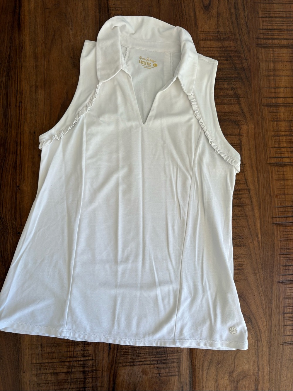 Lillly Pulitzer Luxletic Sleeveless White Polo Tank with Ruffle Trim